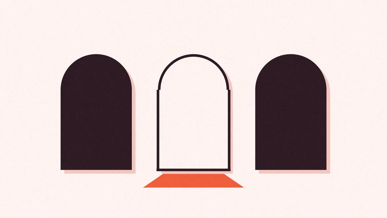 Three arched doorways drawn flat. Two are filled solid and shut; the middle one is an open frame with light falling out of it across the floor.