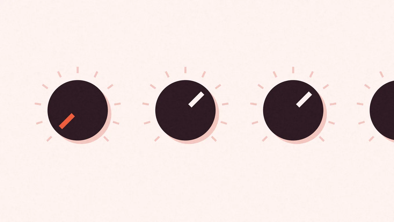 Four control dials in a row. The first has been turned right down and its marker is coral; the other three sit where they were.