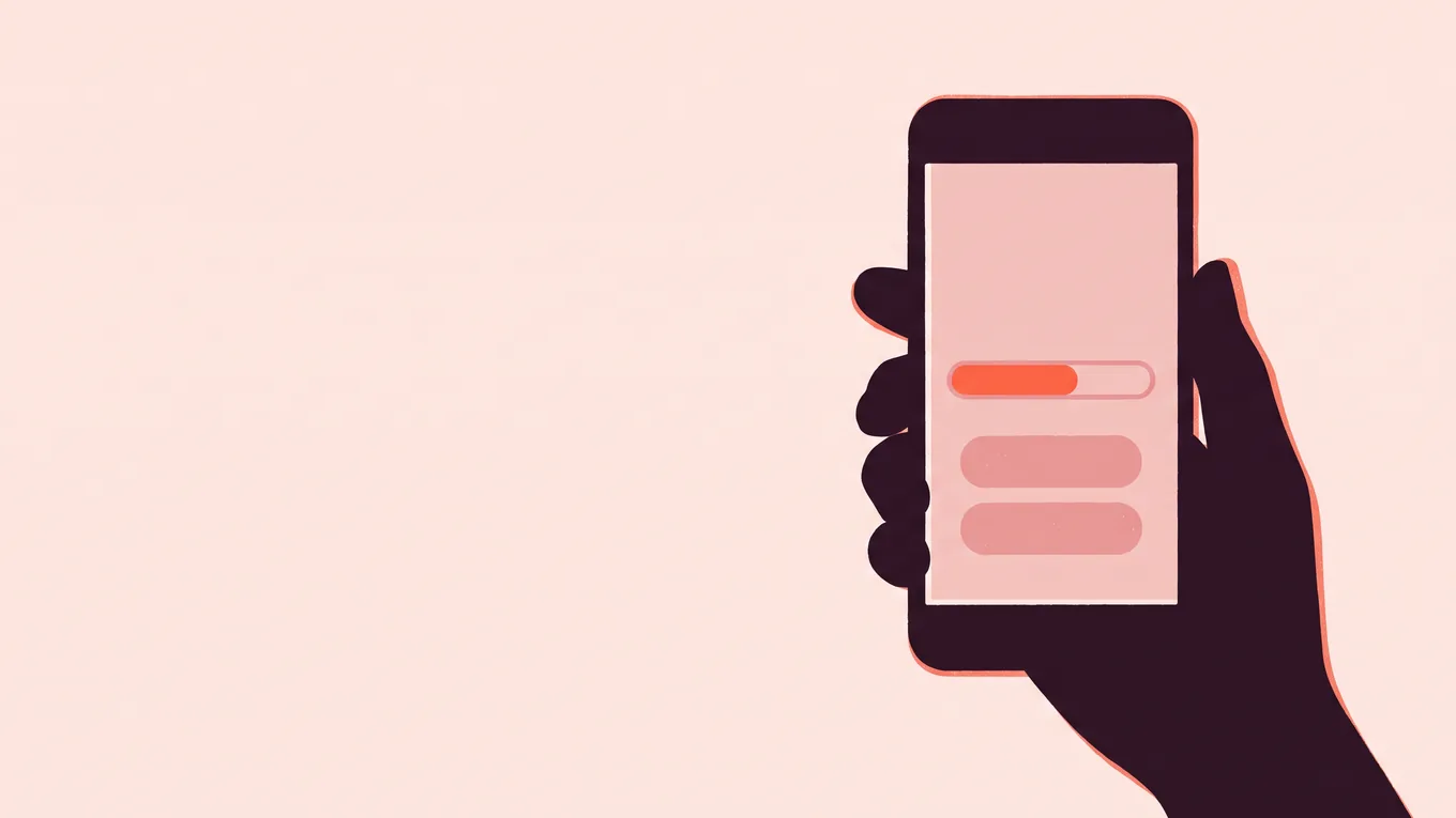 A hand holding a phone showing a progress bar and two blank answer buttons.