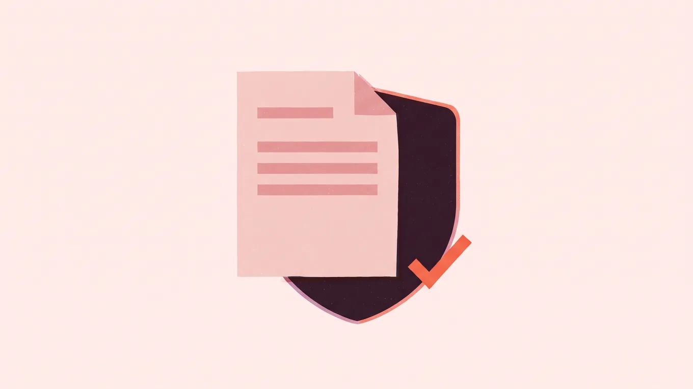 A sheet of paper with blank ruled lines overlapping a rounded shield, standing for a written policy and the protection it gives.