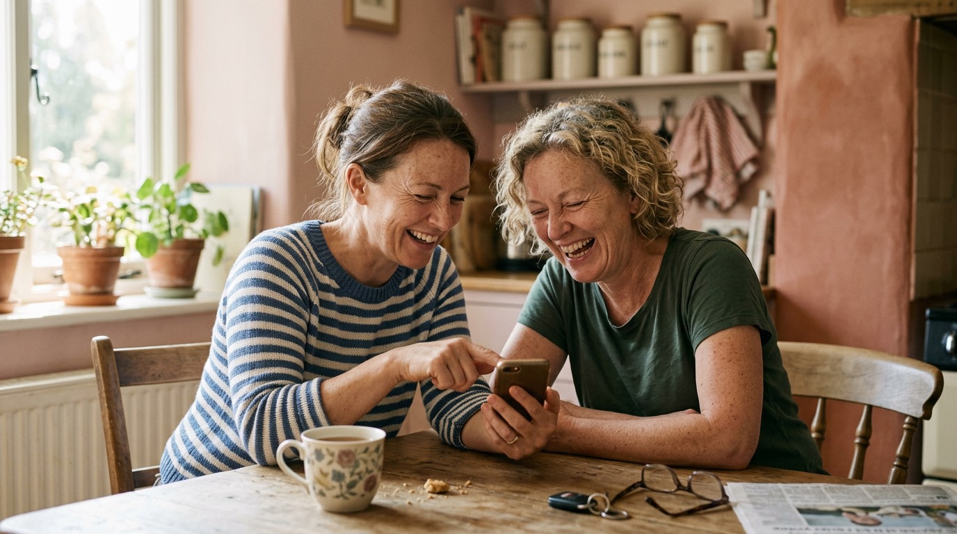 Two women in their forties laughing together over a phone at a sunlit kitchen table.