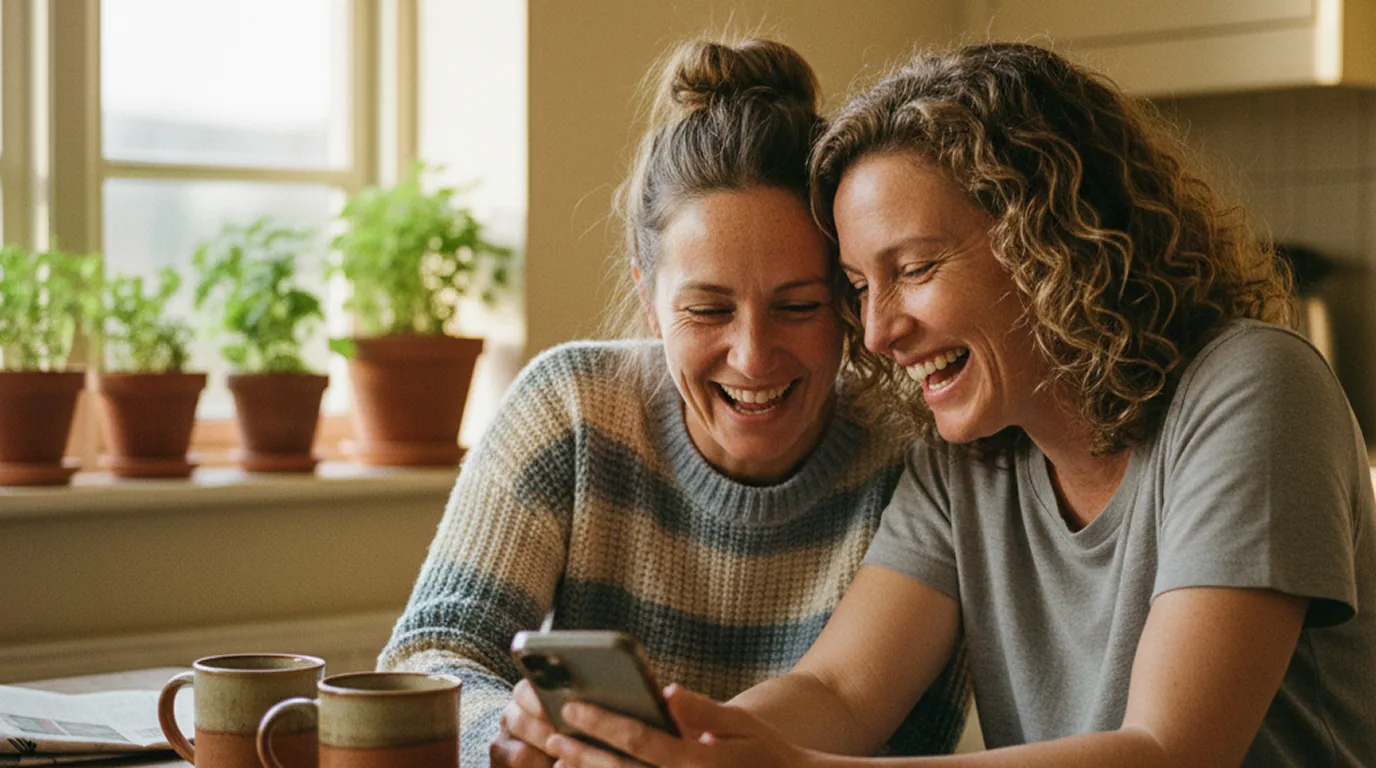 Two women in their forties laughing together over a phone at a sunlit kitchen table.